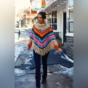 Anthropologie BOHO RAINBOW CROCHET TURTLENECK SWEATER PONCHO FRINGE